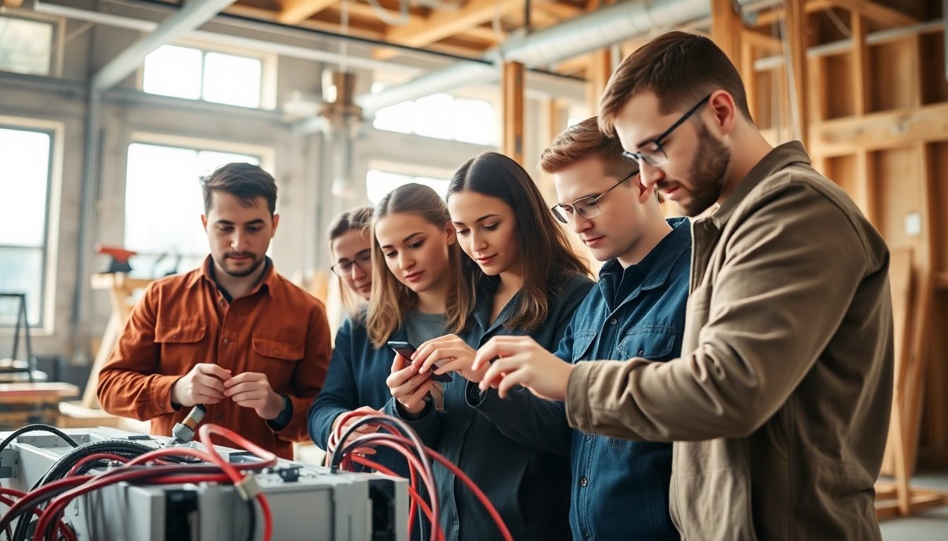 Engaged apprentices in an electrician apprenticeship Hawaii program collaborating on wiring tasks.
