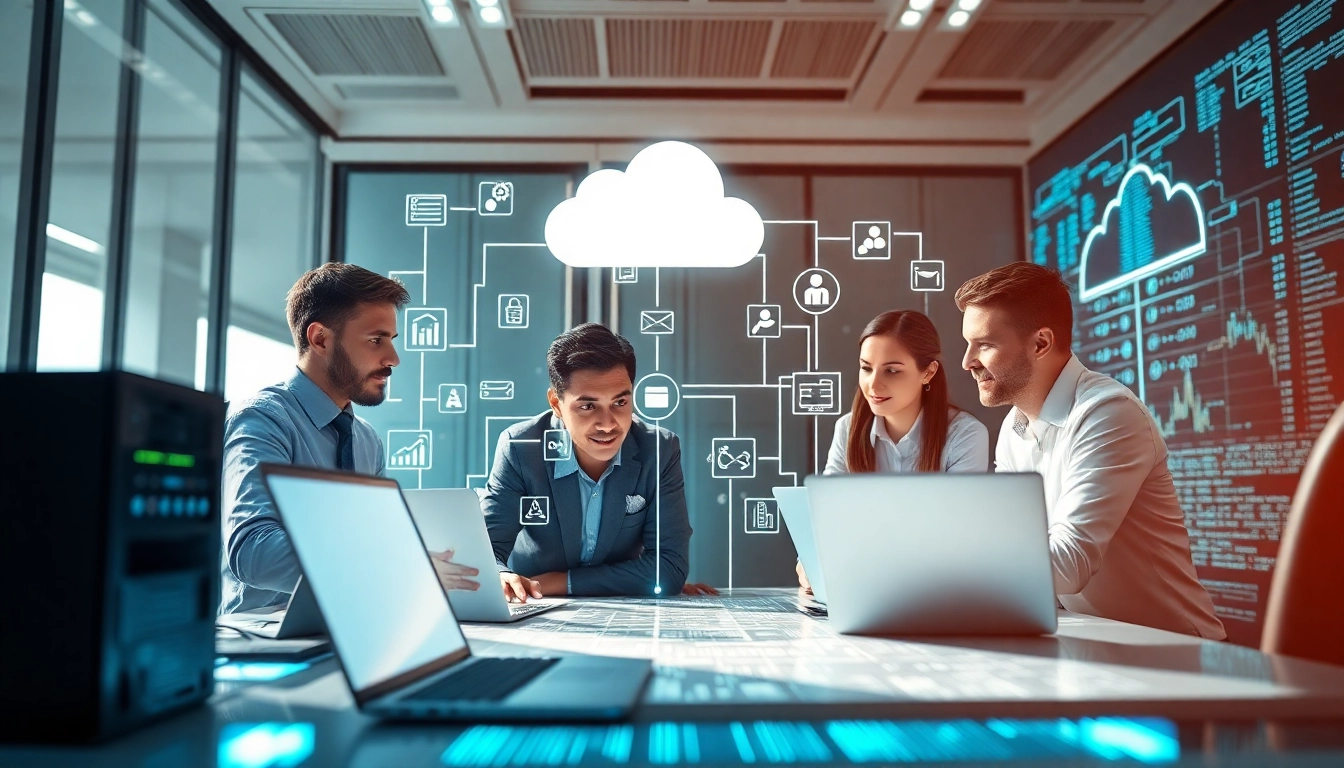 Cloud migratie proces met IT-experts die samenwerken aan een digitale werkruimte.