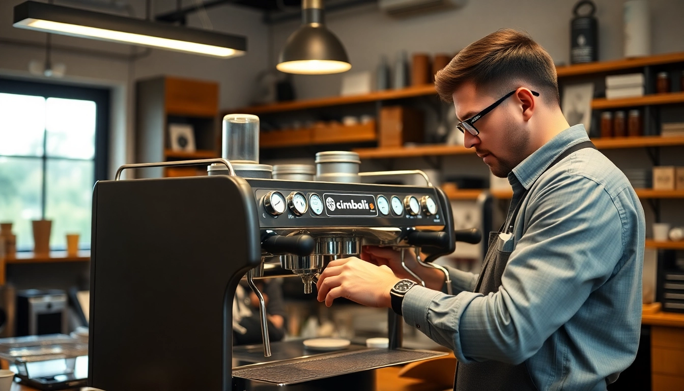 Cimbali teknik servis technician conducting an espresso machine repair with tools and coffee beans in the background.