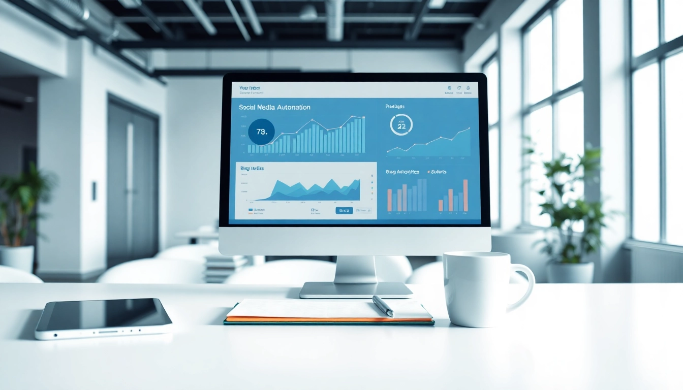 Visualize social media and blog automation through a digital workspace filled with analytics and productivity elements.