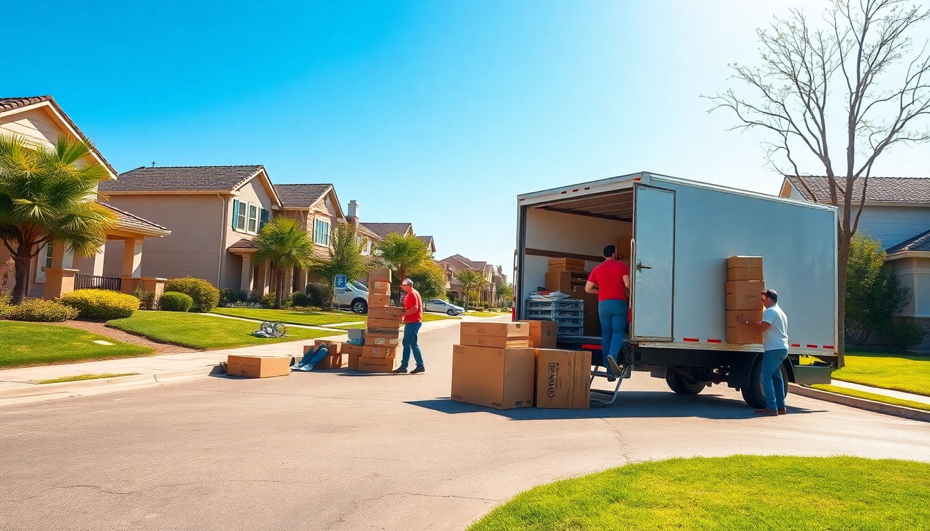 Movers efficiently loading a truck from https://bennettsmoving.com/ on a bright suburban street.