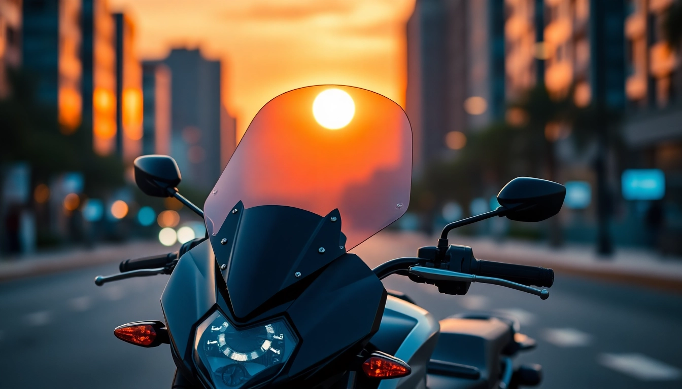 Showcasing motorcycle windshields on a sleek motorcycle under a vibrant sunset for an adventurous atmosphere.