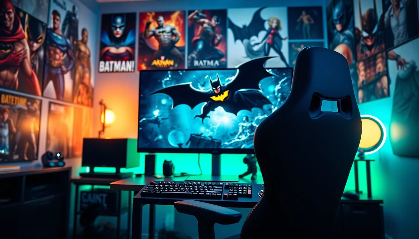 Menampilkan pengaturan permainan game batman138 yang menarik dengan aksesori gaming di latar belakang.