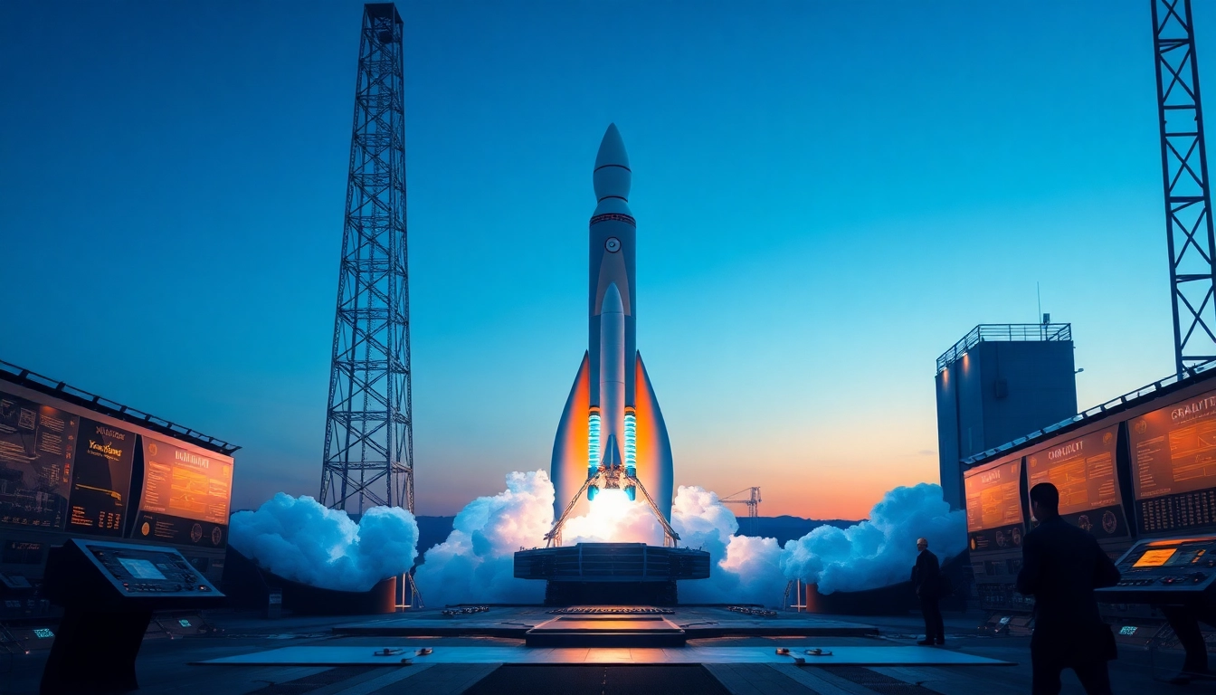 Launch of a futuristic rocket at Revenue Rocket Lab, highlighting innovation and advanced technology.