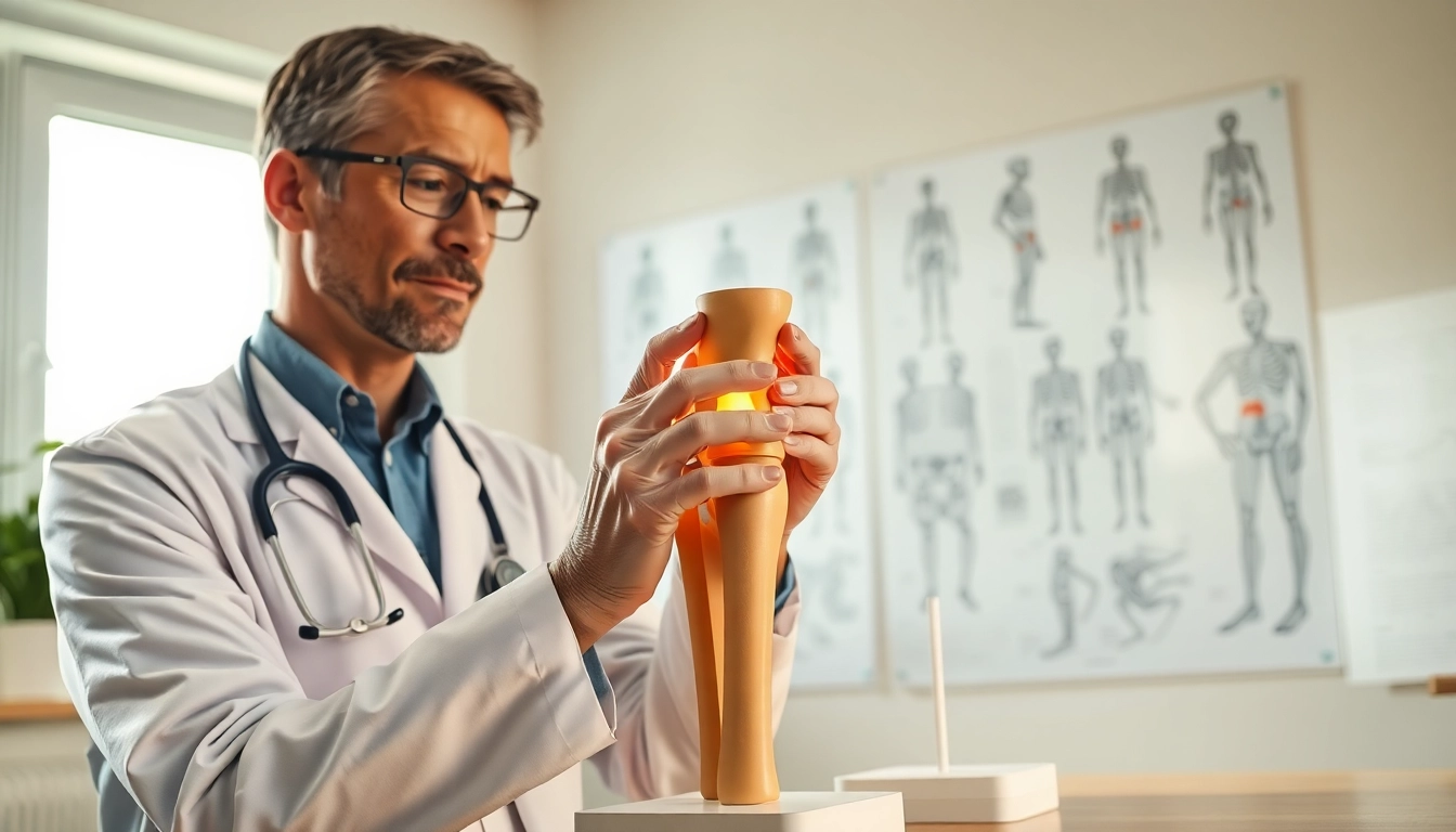 Arthrose Diagnose durch Fachmann in medizinischer Umgebung mit anatomischen Modellen.
