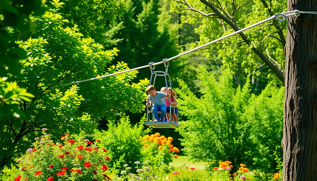 Children enjoying a GARDEN ZIP WIRE KIT installed in a vibrant garden setting.
