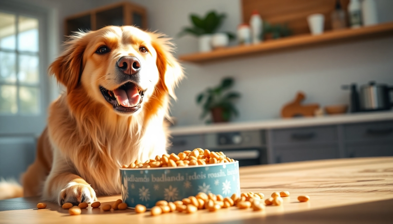 Golden retriever happily eating badlands ranch dog food in a bright kitchen.