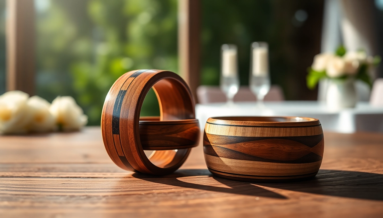 Admire these stunning Wooden Wedding Rings showcasing unique designs and natural wood grains.