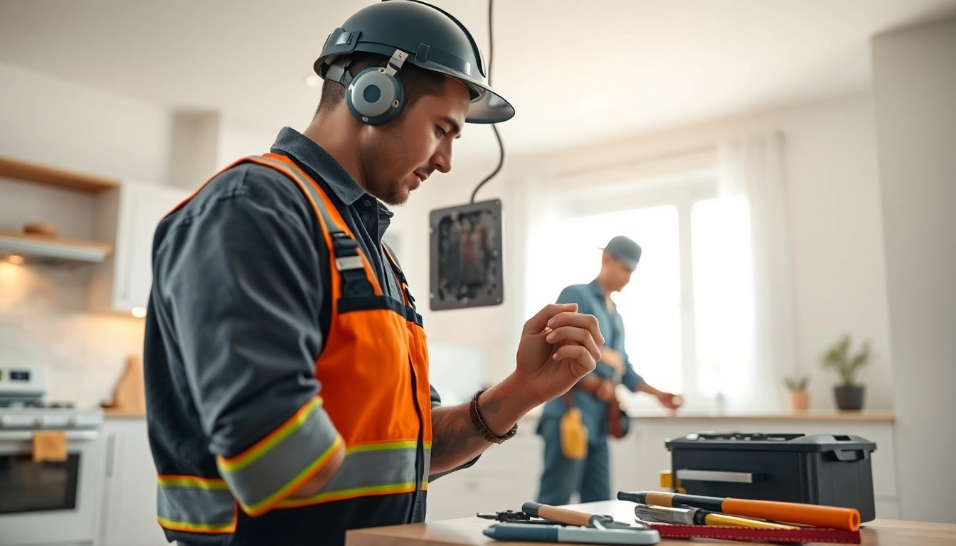 Electrical Service technician handling a circuit breaker in a modern home installation.