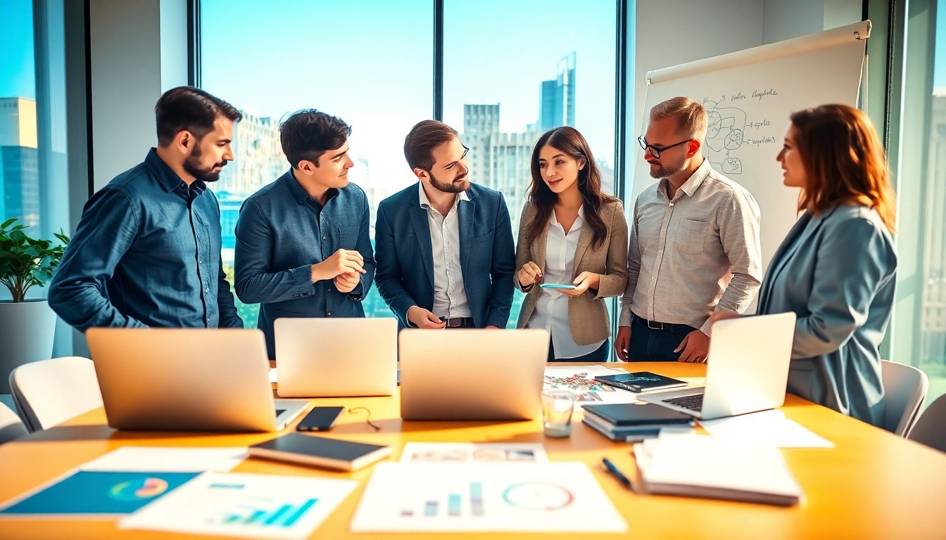 Launch successful startup through collaborative brainstorming by professional entrepreneurs in an office.