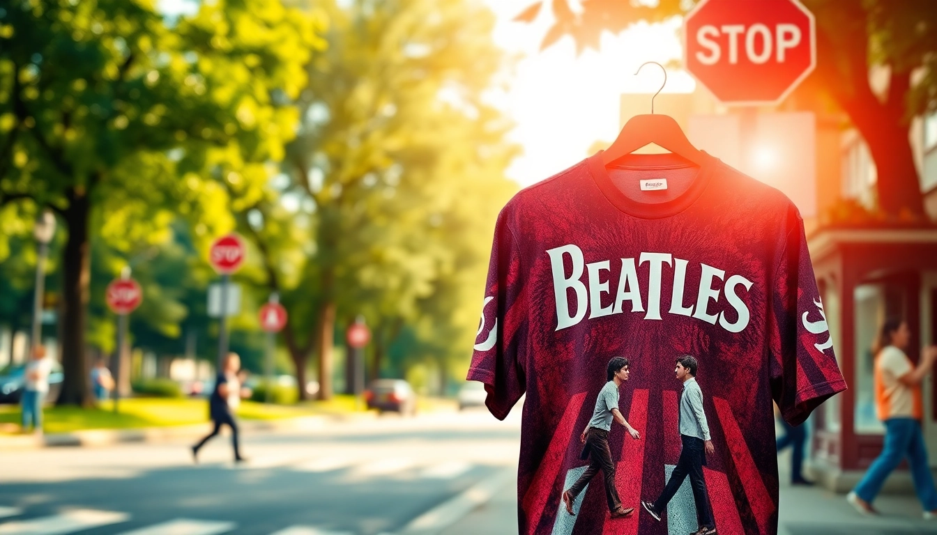 Showcase the Beatles Abbey Road shirt with detailed design in a vibrant outdoor setting.