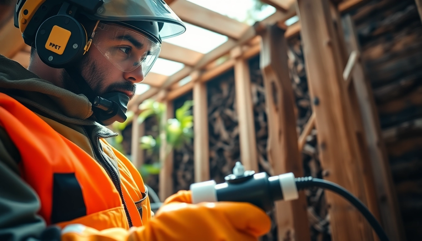 Expert applying termite treatments to prevent wood damage in a residential area.