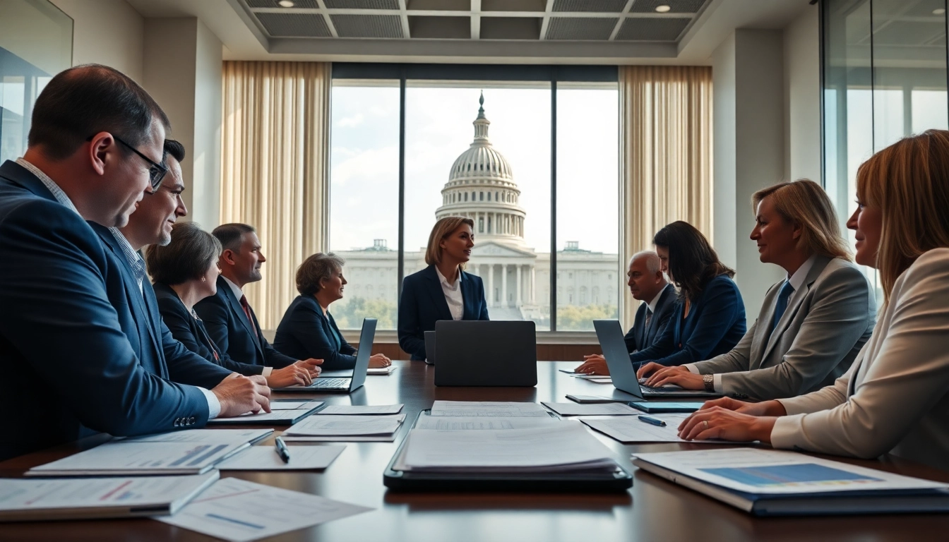 Government officials engaging in a collaborative discussion in a modern office setting.