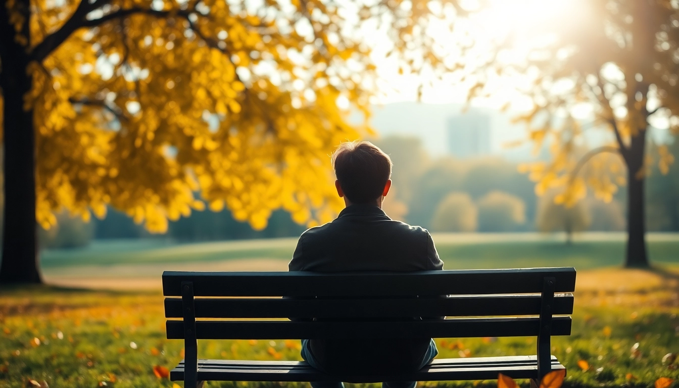 Person reflecting on life, embodying dealing with grief in a tranquil park setting.