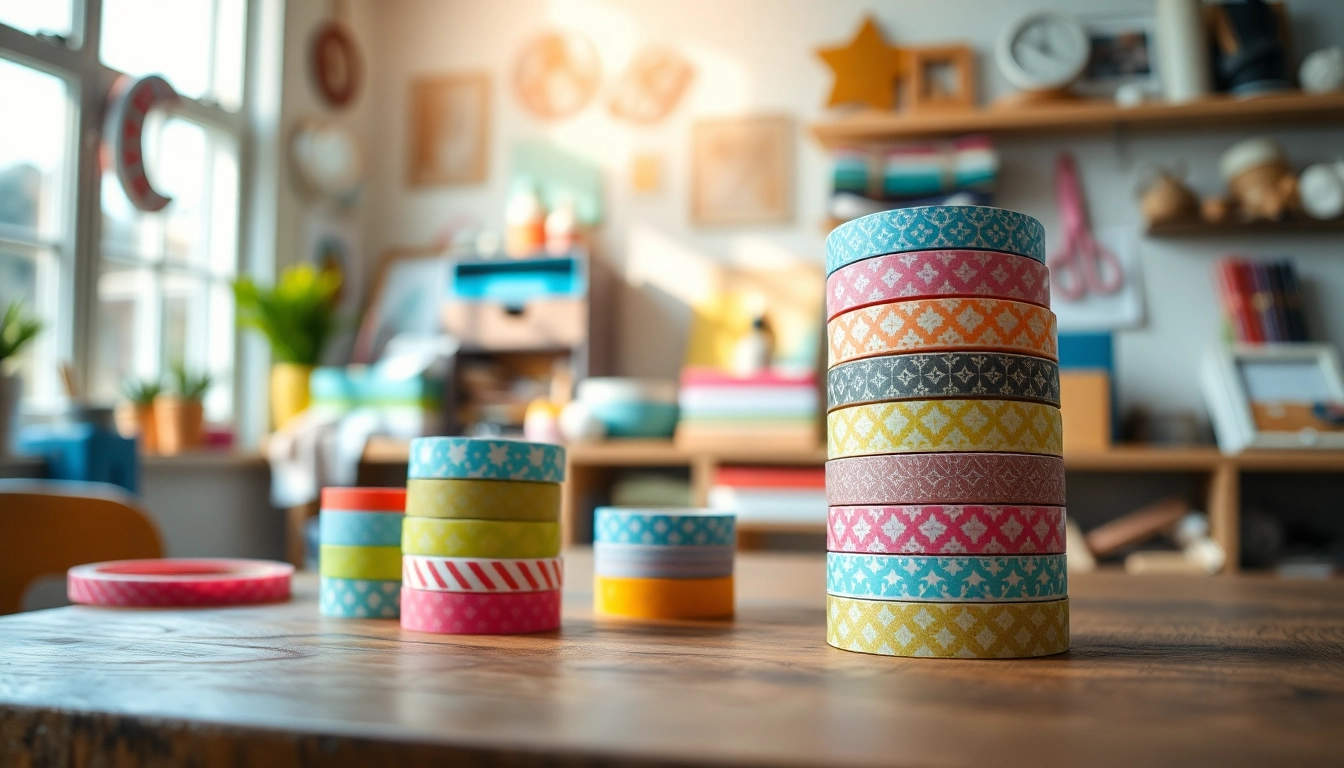 Decorative washi tape rolls artfully arranged on a crafting table, showcasing vibrant patterns.