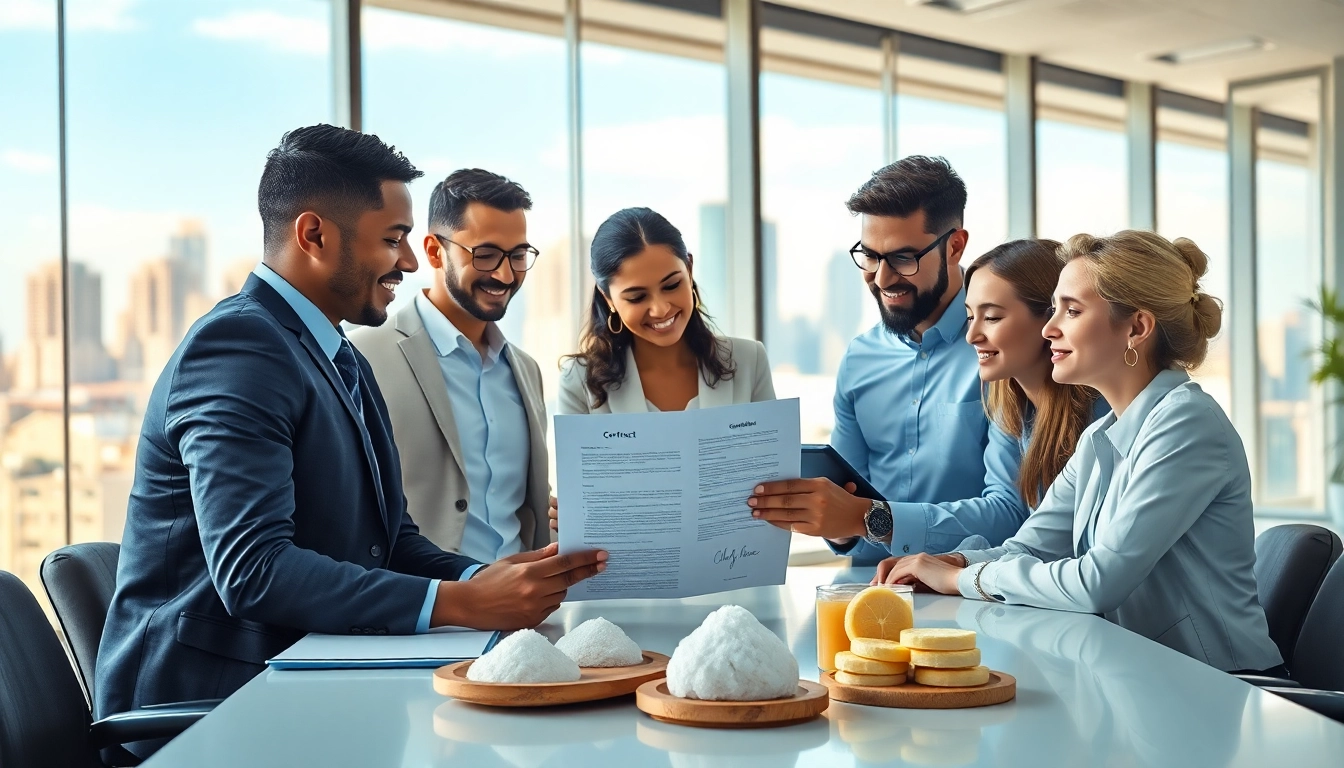 Engaging image of sugar buyers in a professional deal-making scenario in an office.