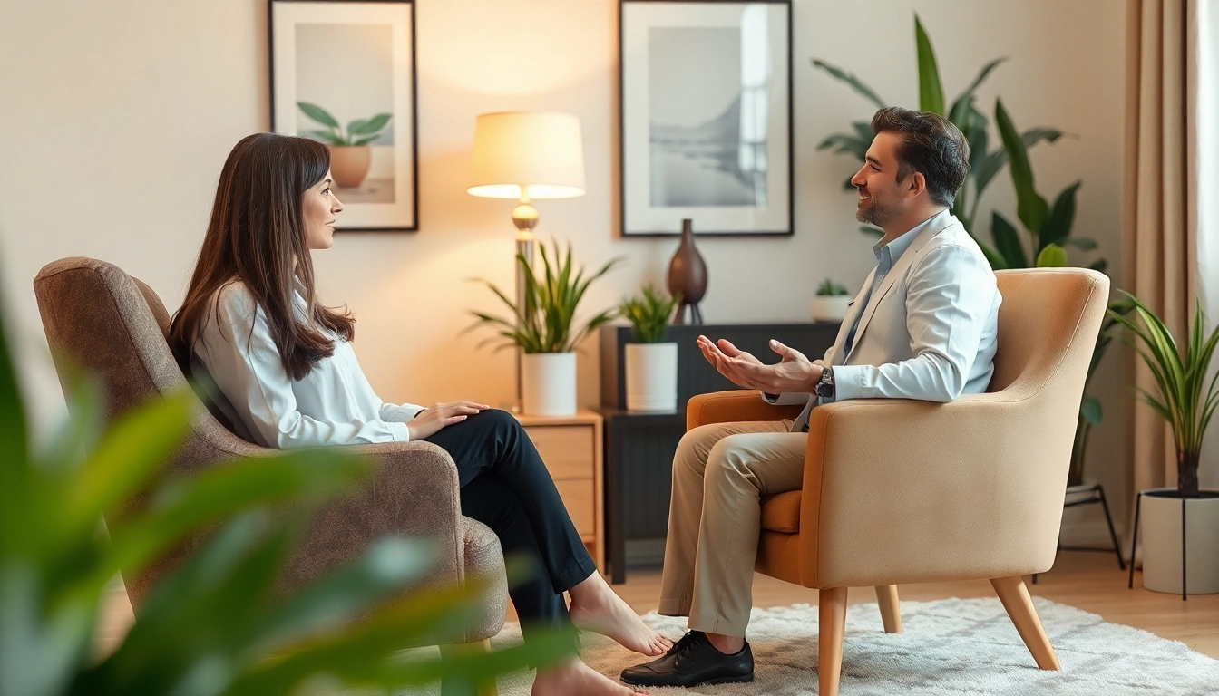 Counselling session between a professional therapist and a client in a calming office.