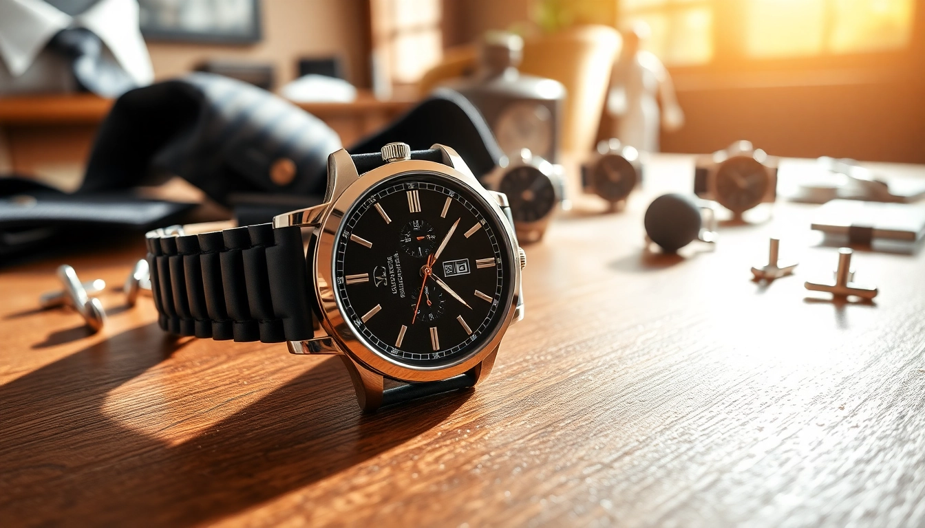 Elegant Herren Armbanduhr, displayed with stylish accessories on a wooden table.