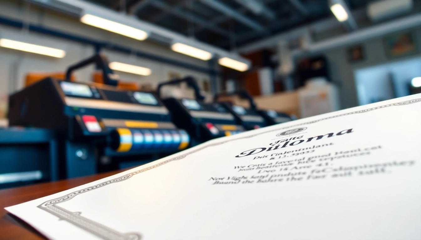 Buy diploma showcasing a realistic design in a professional printing environment.