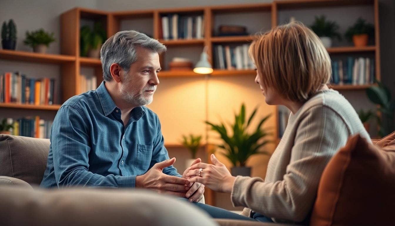 Engaged attachment theory specialist discussing with a client in a warm therapy room.