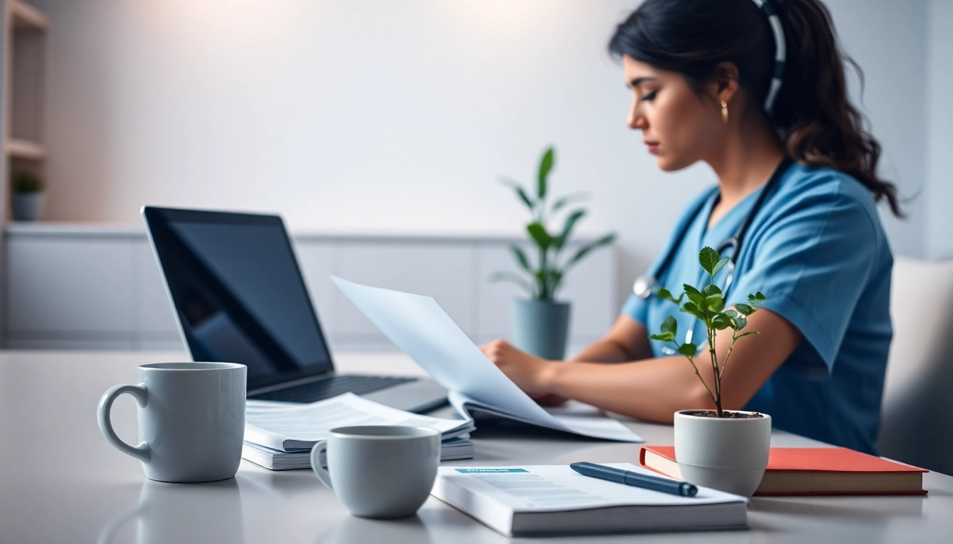 Nurse reviewing paperwork about the VDAP Program in a calm office setting with dedication and focus.
