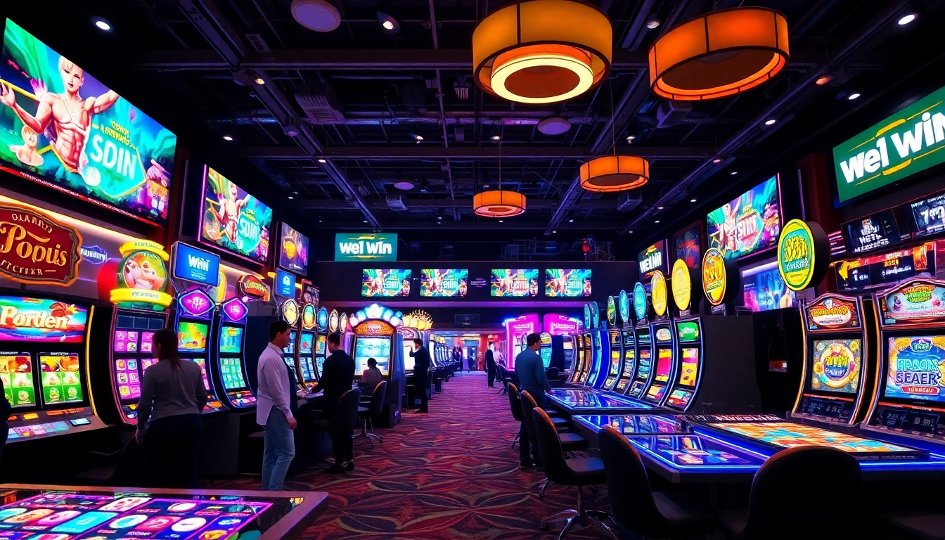 Experience the thrilling world of We1Win with vibrant slot machines in a lively casino setting