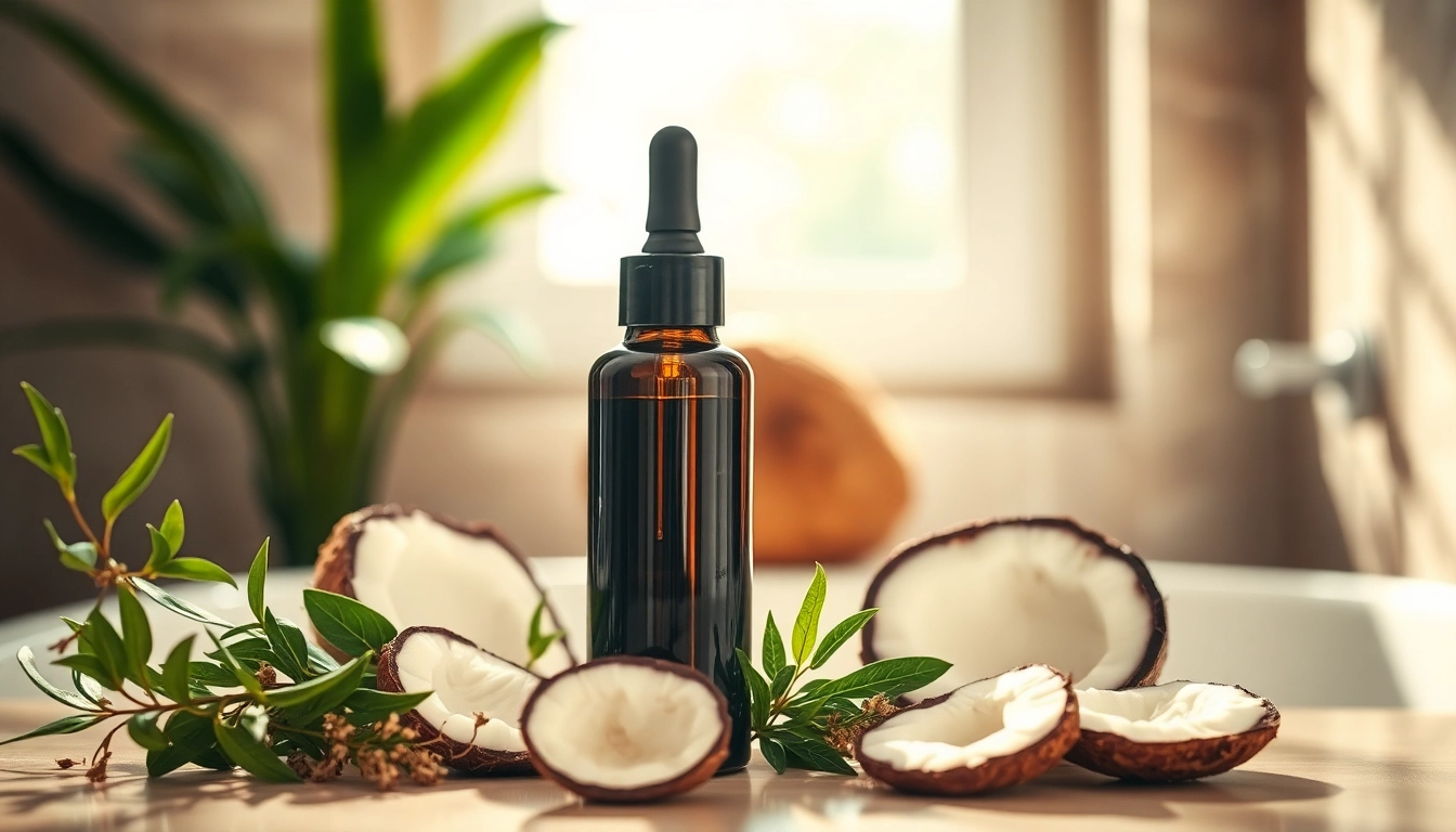 Apply curly hair oil from a sleek bottle in a warm, inviting bathroom setting.