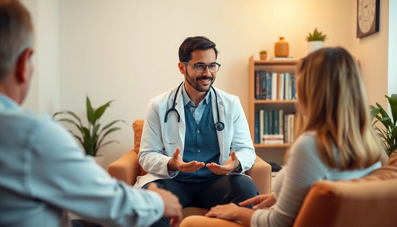 Engaged conversation between an attachment theory specialist and client in a warm therapy room.