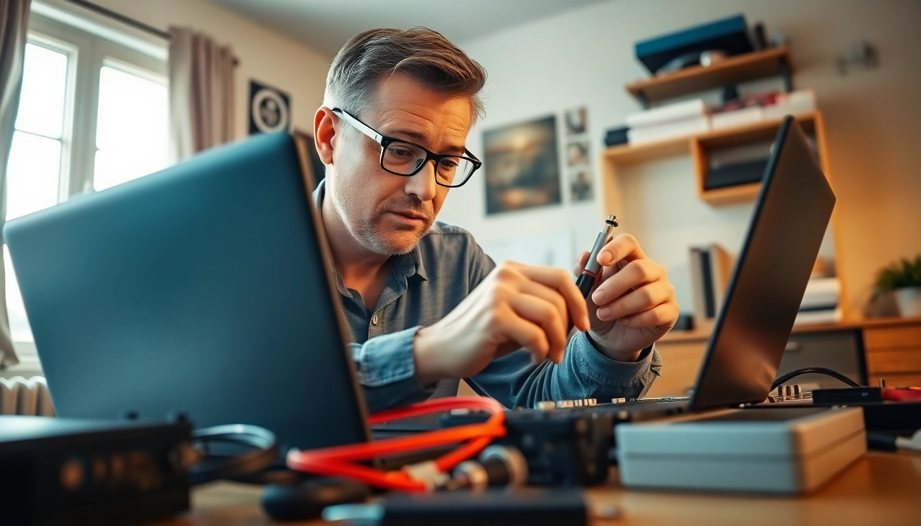 Resolve issues with computer help near me in a cozy home office environment with a technician at work.