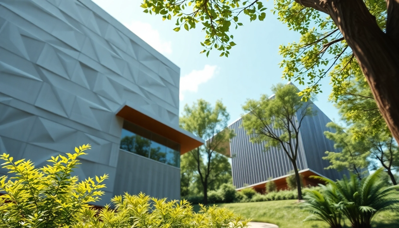 Die Architekturvisualisierung eines modernen, umweltfreundlichen Gebäudes, das in einer grünen Umgebung erstrahlt.