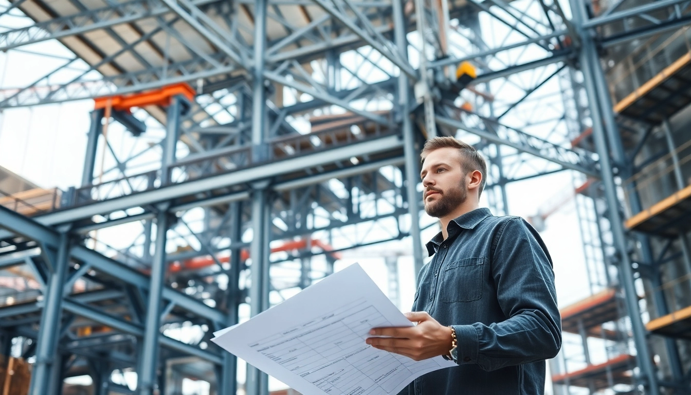Illustrating a professional steel structure design process featuring an engineer and intricate frameworks.