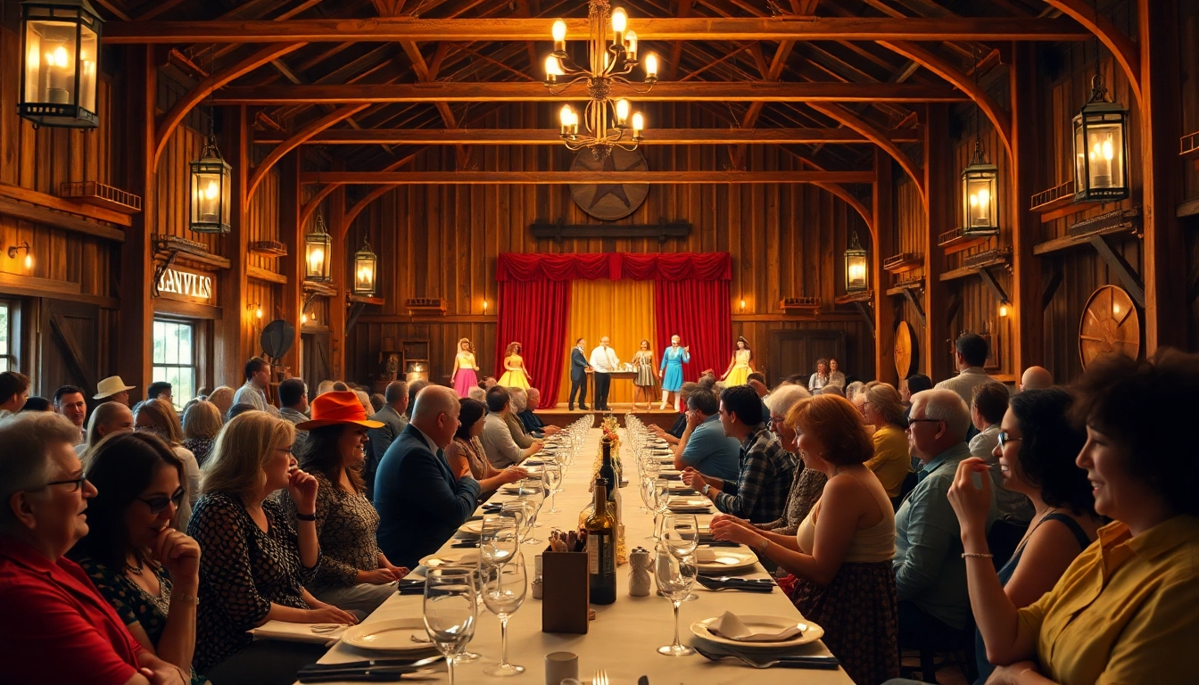Enjoy a memorable evening at the barn dinner theater with guests dining and performers on stage.