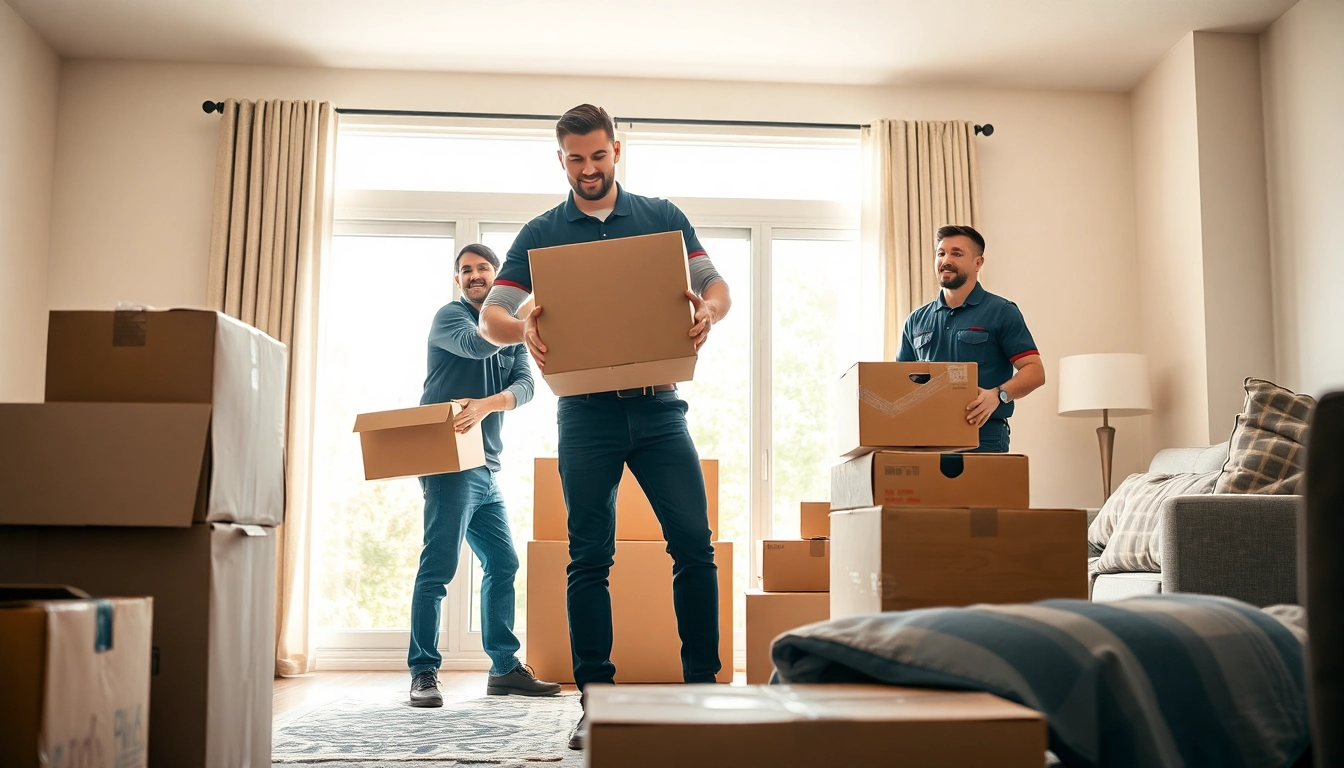 Expert movers calgary efficiently arranging furniture and packing boxes in a bright room.