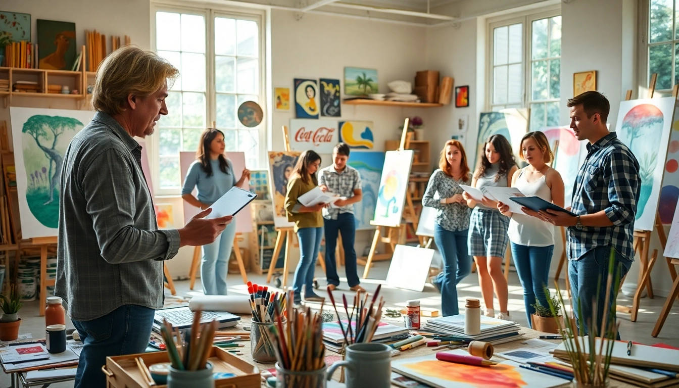 Engaging art lessons in a bright studio where an artist teaches students various techniques.