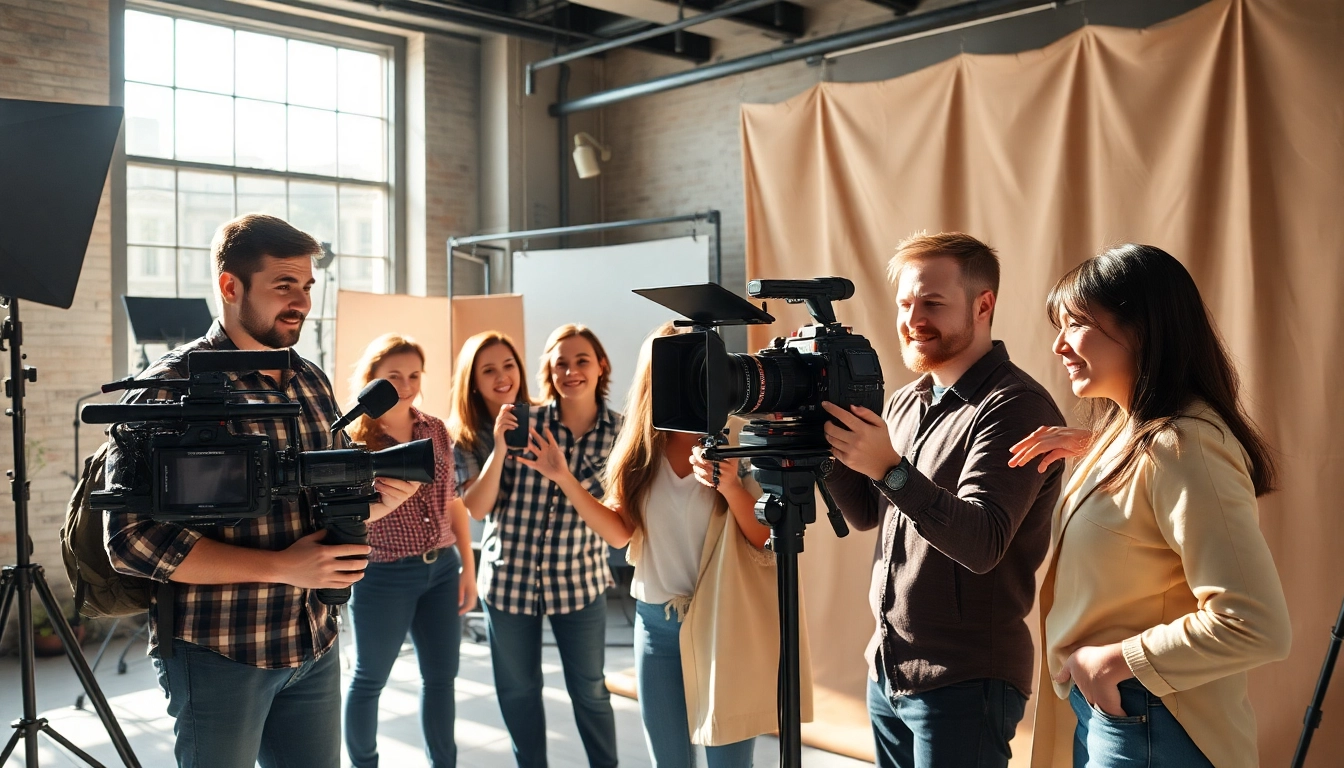Captivating crowdfunding video production scene with a diverse team creating engaging content.