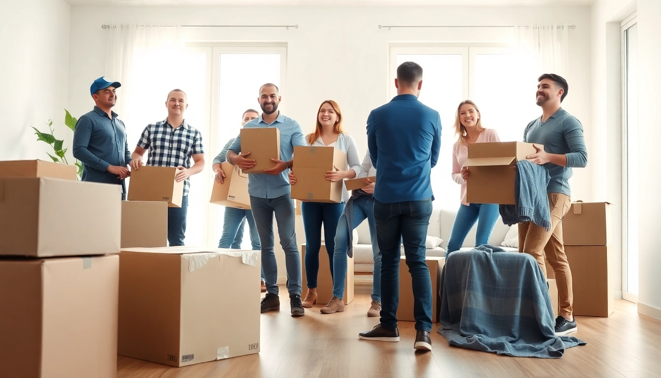 Highlight cheap movers in action, organizing and packing boxes in a bright, welcoming living room.