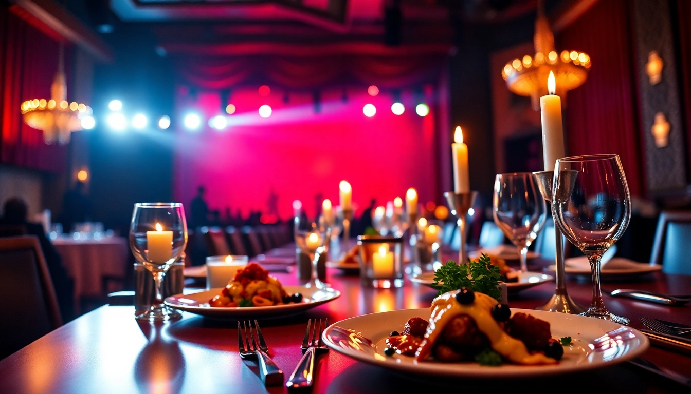 Experience enchanting las vegas dinner shows with a stunningly set dinner table and vibrant stage backdrop.