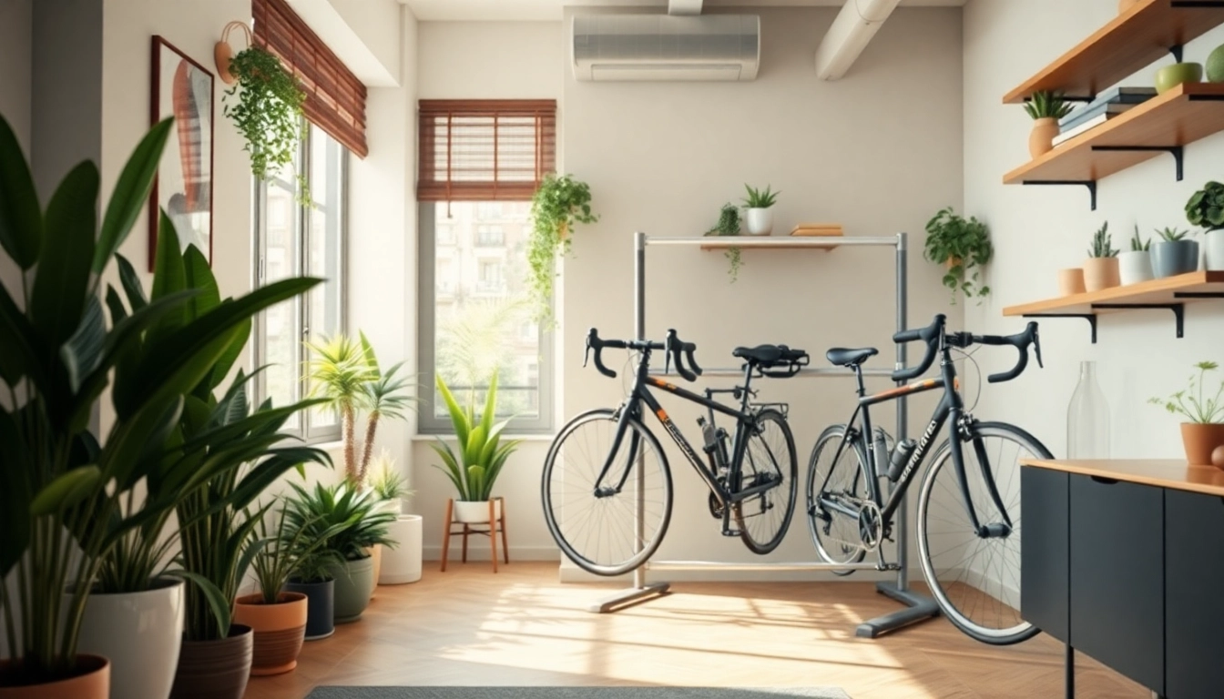 Organized indoor bike storage with modern rack and vibrant decor in an apartment