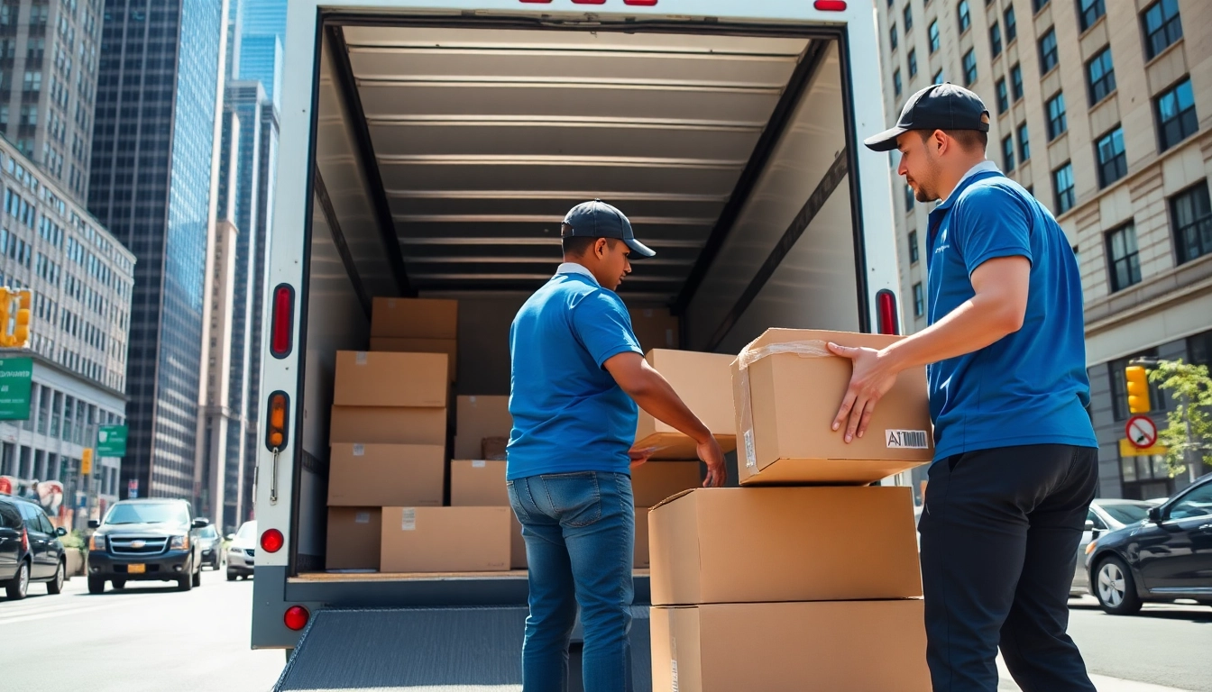 Manhattan movers organizing and packing items with care in a vibrant cityscape setting.