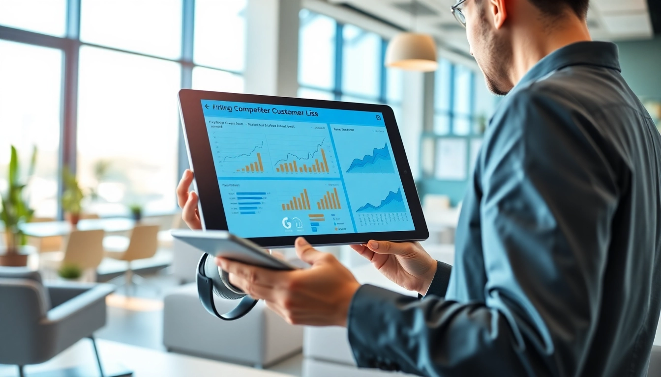 Analyze to find competitor customer list with a business analyst examining data insights in an office.