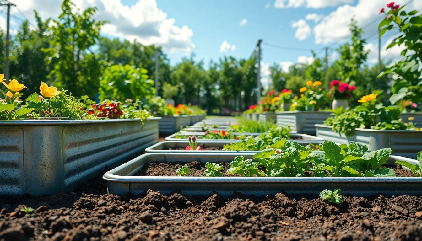 Showcasing galvanized raised beds flourishing with vegetables and flowers in a vibrant garden.
