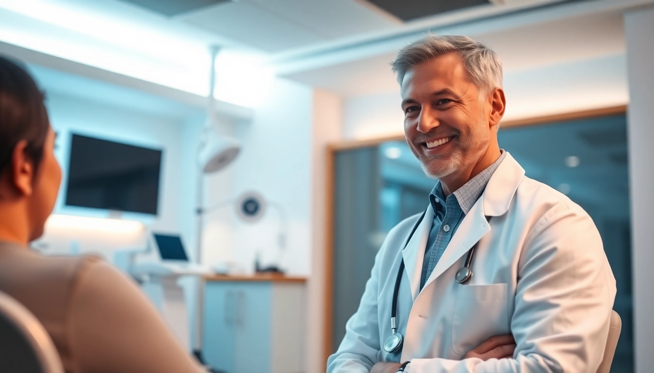 Boutique doctor consulting with a patient in a warm and modern clinic setting.