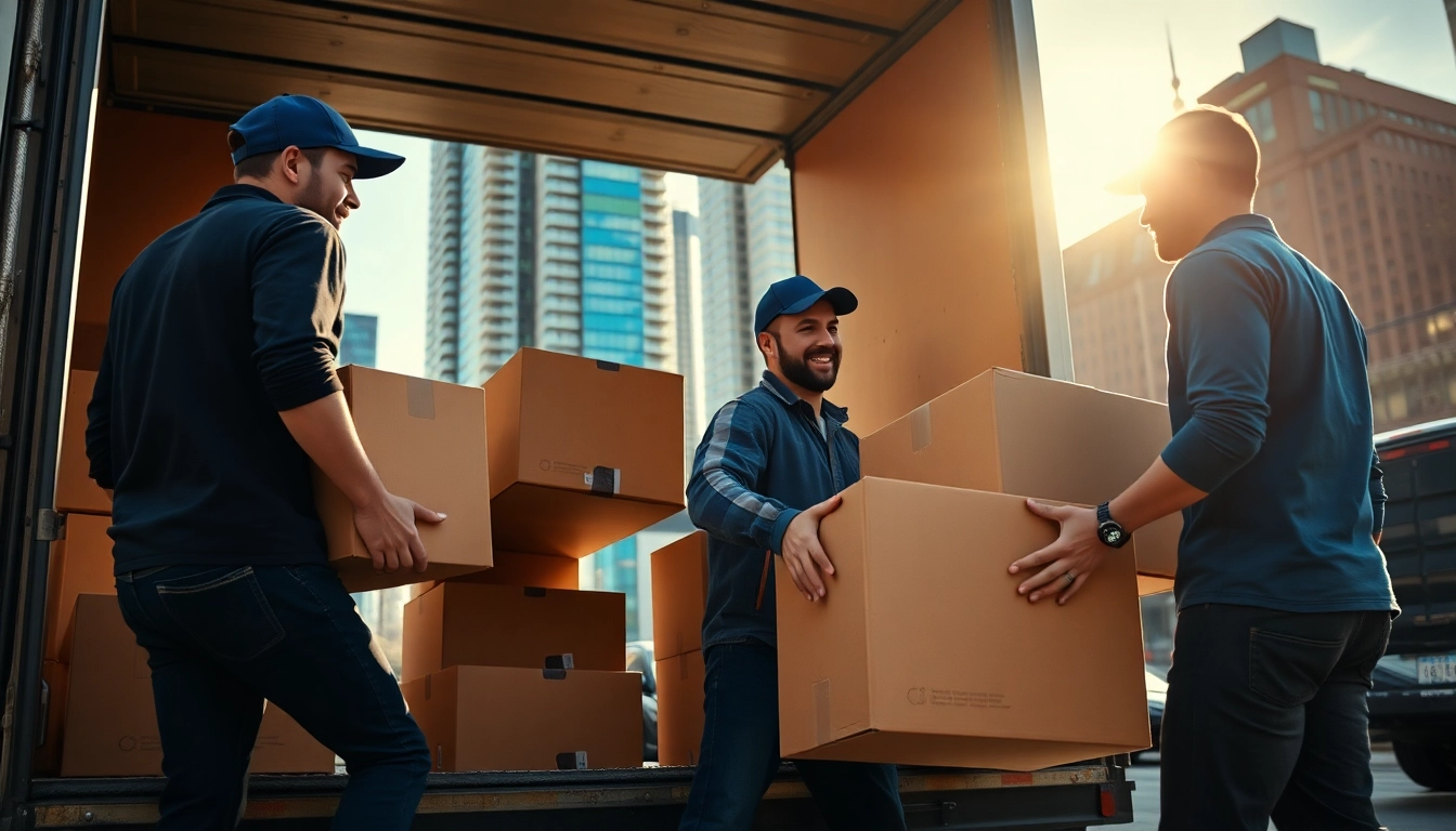 Movers in Toronto efficiently loading boxes into a moving truck during a bustling urban day.