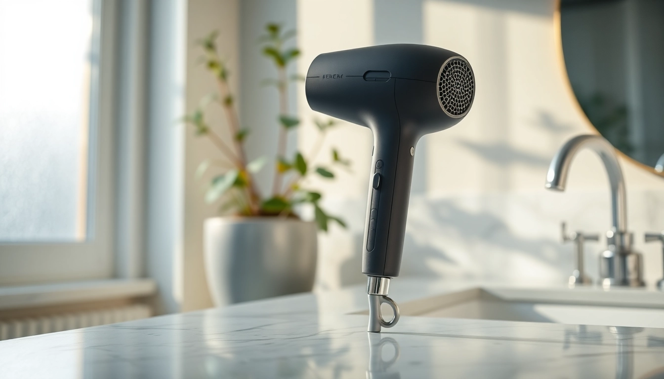 Lightweight hair dryer showcased on a marble countertop, highlighting its sleek design and modern features.