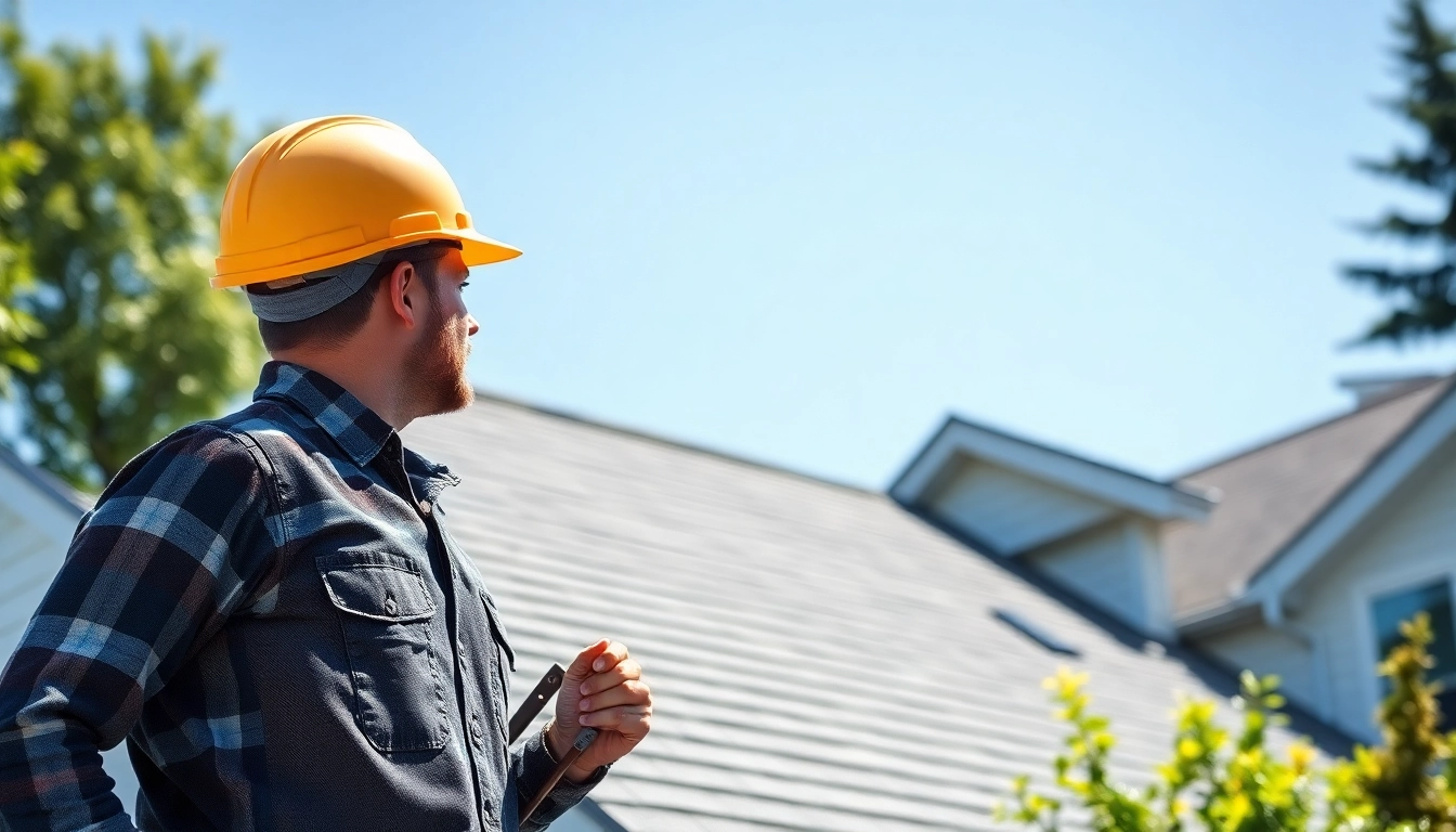 Roof repair Vancouver Wa service with contractor inspecting residential roof in bright daylight.
