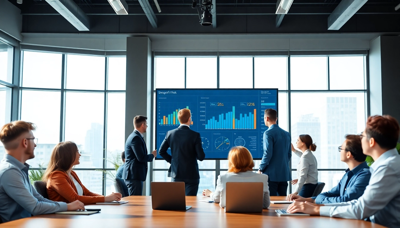 Group of professionals discussing the Single version of truth using data visuals in a modern office.